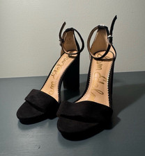 Sam Edelman Black Suede Block Heel Ankle Strap Open Toe Women's Heels Size 7