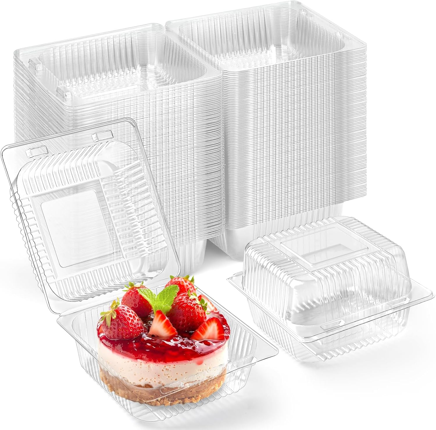 100 Pack Clear Plastic Clamshell Food Containers Square Cake Slice with Hinged