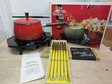 Vintage 1970's Cornwall Electric Fondue Set Red In Box Extra Set of Forks WORKS