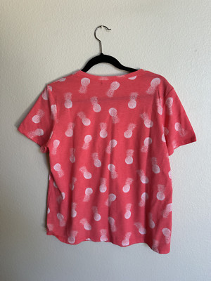 Fresh Produce Tropical Top Blouse Shirt Women Size L Pink Pineapple Knit Cotton