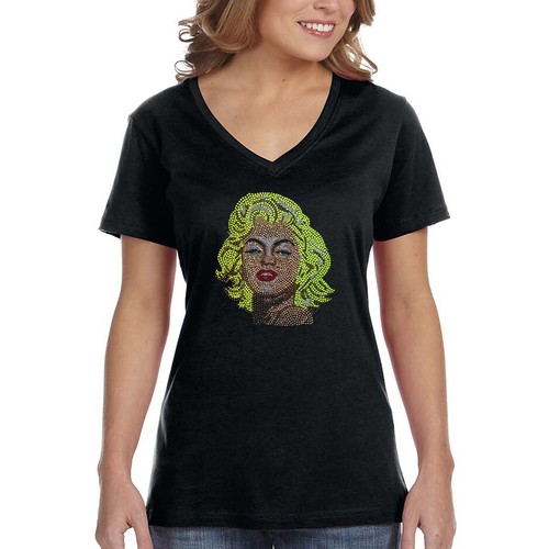 XtraFly Apparel Women's Marilyn Monroe Sequin Sexy Pin Up Blonde V-neck T-shirt - Picture 3 of 3