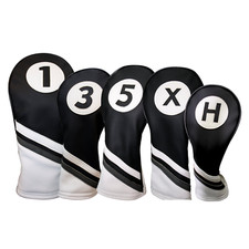 Majek Golf Black White Leather Style 1 3 5 X H Driver Wood Hybrid Head Covers