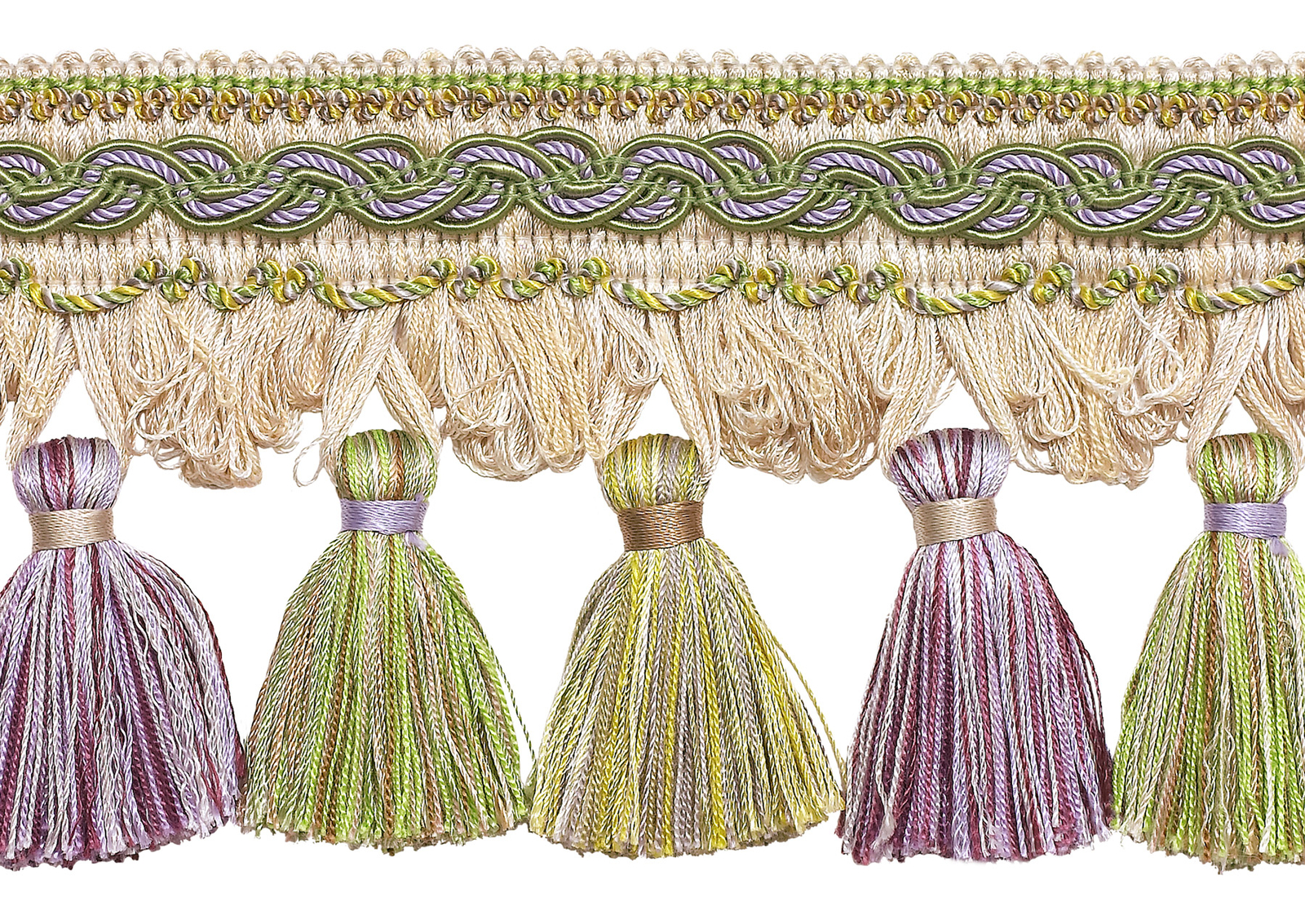 Lilac Ivory Green 4"" Tassel Fringe Trim Winter lilac [By The Yard]