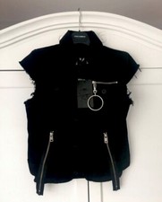 Diesel Black Denim Fringes Multi Sleeveless Jacket Gilet Padded Shoulders