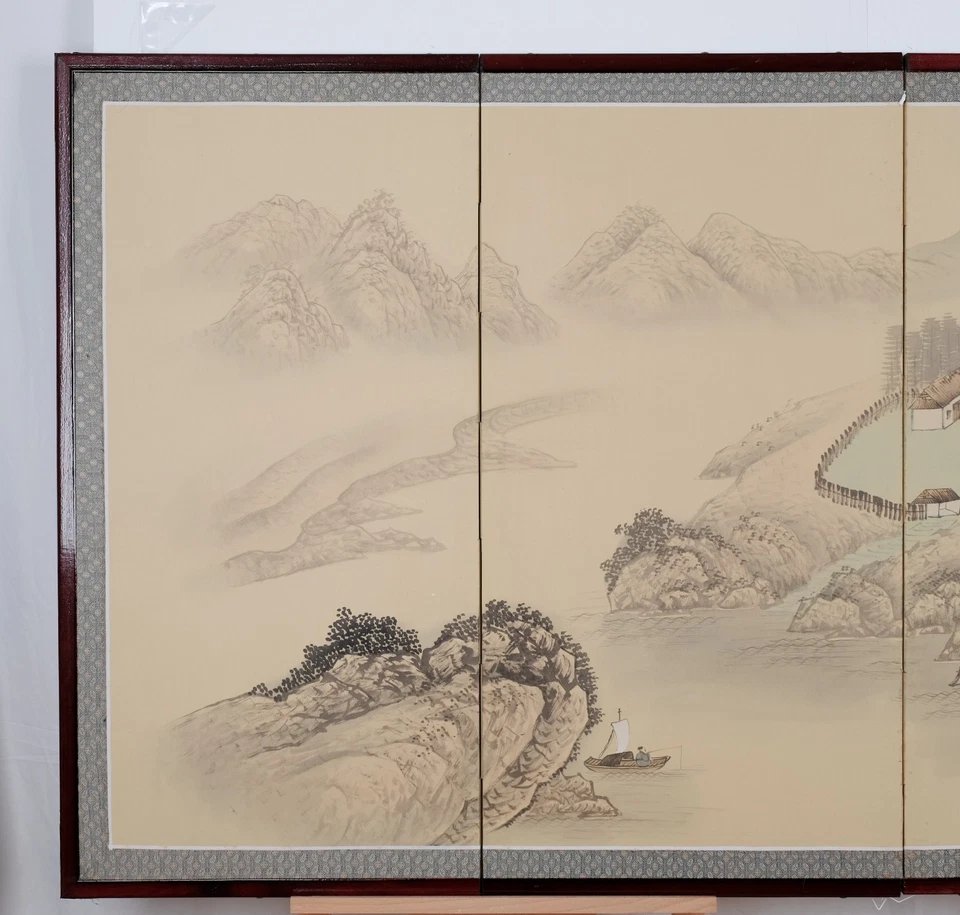 Japanese Byobu Small Mountain Village Near Lake 4-Panel Folding Screen Excellent - Image 3 of 4