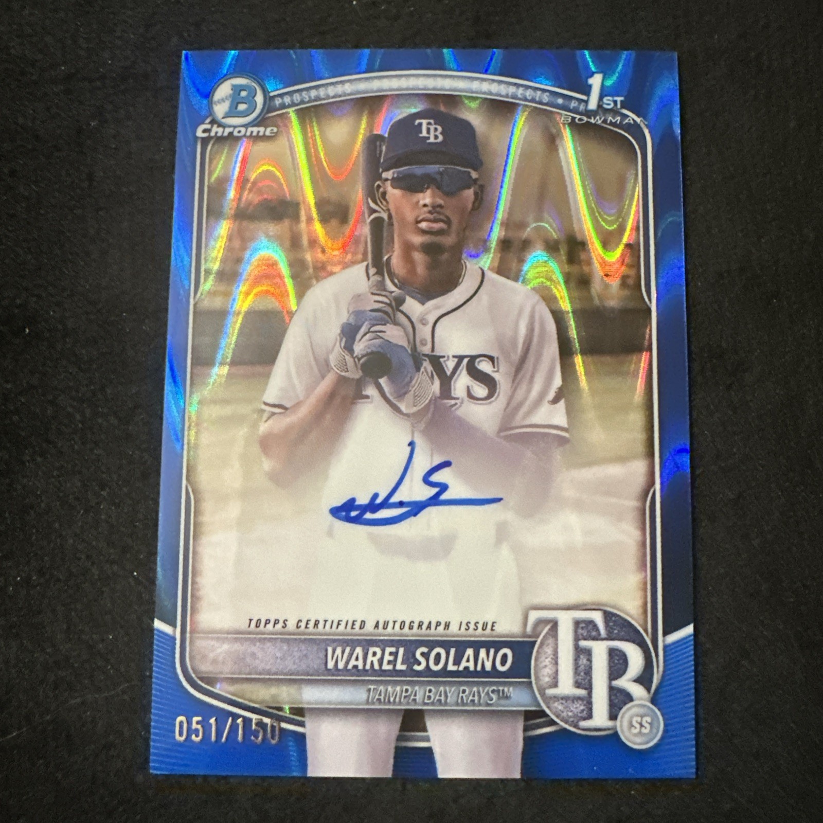 2025 Bowman Chrome Prospect 1st Auto Warel Solano Rays Blue Raywave /150