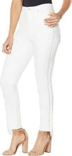 DG2 By DIANE GILMAN Off White Gold Studded Leg Denim Jeans 2P Beaded Fringe Hem