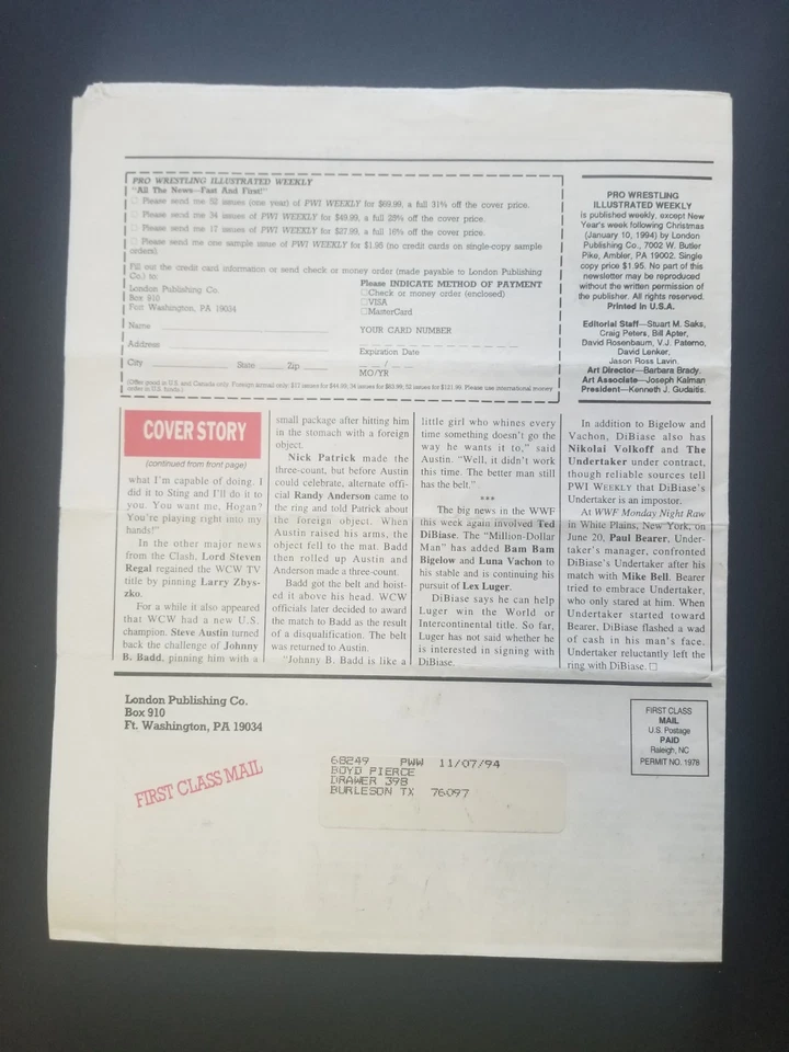 PRO WRESTLING ILLUSTRATED WEEKLY Newsletter 1994 July 11 HULK HOGAN RIC FLAIR  - Image 2 of 3