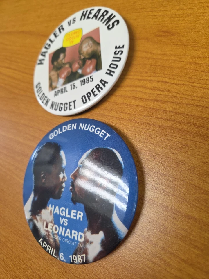 Boxing Pins Hagler-Hearns '85 & Hagler-Leonard '97, Both 3.5 Inch, Golden Nugget - Image 2 of 4