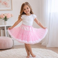 Pink Tiered Tulle Tutu Skirt Kids Ruffle Trim Satin Waistband Costume Dance