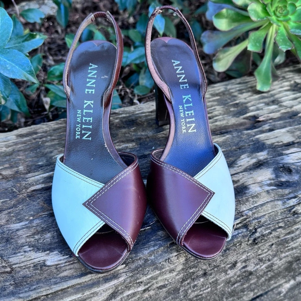 Anne Klein Peep Toe Slingback Brown White Colorblock Italy Heels Women’s Size 6M - Image 2 of 4