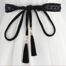 Women's Black Boho Lace Rope Cord Tassel Belt