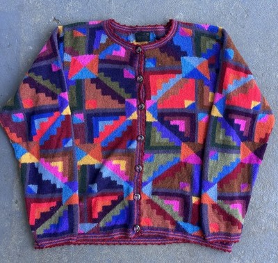 VTG 70s BOHO Beautiful ALPACA Color-block Aztec Print Cardigan.medium