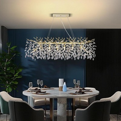 Luxury Rectangular Crystal Raindrop Pendant Light Gold Tree Branch Chandelier