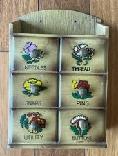 Vintage Wood Sewing Notions Box Wall Hanging Storage Cabinet With Drawers 1960s