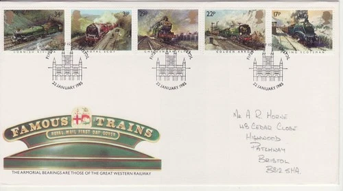 GB Stamps First Day Cover Famous Trains, Steam, bridge, mouse, GWR loco SHS 1985