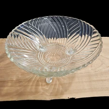 Vintage Pressed Glass Swirl Tri-Footed Bowl 8.75" Clear Serving Dish