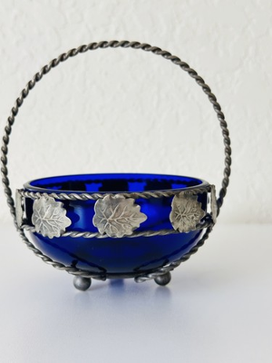 #ad #ad Vintage Cobalt Blue Glass Condiment Dish In Metal Carrier $25.00