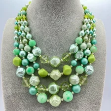 Stunning Vintage Japan 4 Strand Mint Green Beaded Necklace 1950s Costume