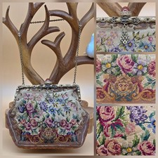 Vintage Petit Point Needlepoint Rose Flower Gold Tone Chain Purse Bag READ