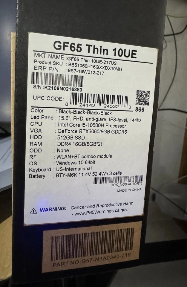 MSI GF65 Thin 10UE- RTX 3060 6GB GDDR6, i5-10500H, 16GB RAM, 512GB SSD - Mint - Image 2 of 4