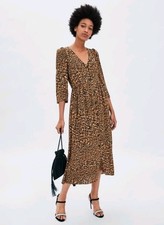 Zara Tan Black Leopard Print Button Up 3/4 Sleeve Going Out Midi Dress Size XS