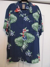 Scandia Woods Blue Tropical Hawaiian Shirt Flowers and Green Foliage Print  XL