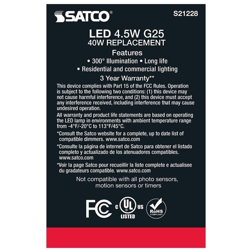 SATCO S21228 - 4.5 Watt G16.5 LED Candelabra Bulb - 4000K - 120 Volts (6 Pack) - Picture 6 of 7