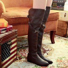 Women's lady High Heel Knee Boots Buckle strap Flats Over the knee boots Shoes
