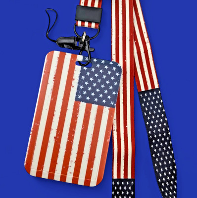 USA FLAG LANYARD & ID CARD HOLDER American stars stripes key ring neck strap Z1