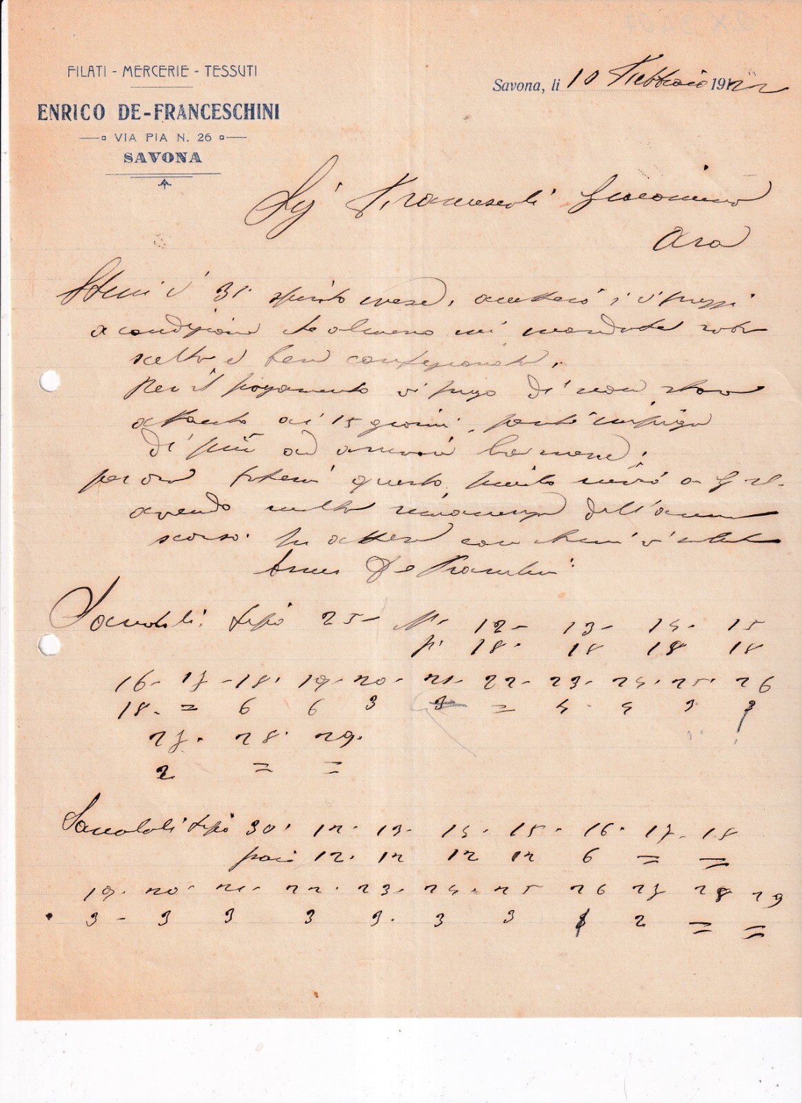 Carta Intestata Savona Filati Mercerie Tessuti De Franceschini 1922 QX3407