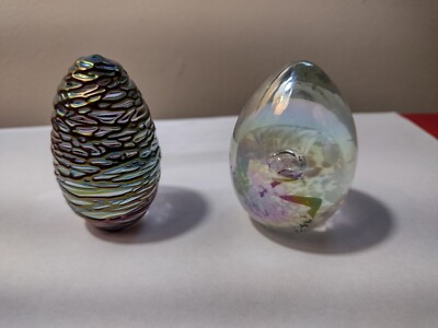 2 MSH Ash Glass Egg Iridescent Mt St Helens Paperweights 1 threaded 1982,  88