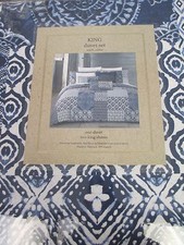 Luxury 3pc Navy Indigo Blue White Patchwork Floral Geometric Duvet Set - King