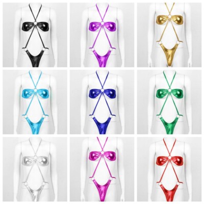 Women's Shiny Metallic Micro Bikini Mini Thong Monokini Teddy