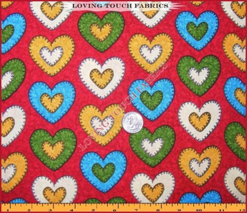 BENARTEX FOLK ART VALENTINE LOVE HEARTS COTTON FABRIC 1/2 YD 18" X 44" - Picture 2 of 2