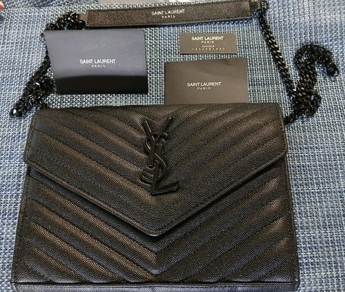 Saint Laurent YSL Monogram Envelope WOC With Grain De Poudré Leather All Black