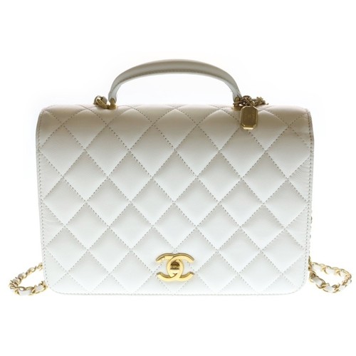 CHANEL Matelasse Full Flap 2-way Chain Shoulder Bag Handbag White Caviar Used d5