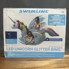 Swimline LED Unicorn Glitter Inflatable Pool Ring 68" x 36.5" Lot Of 2 NEW