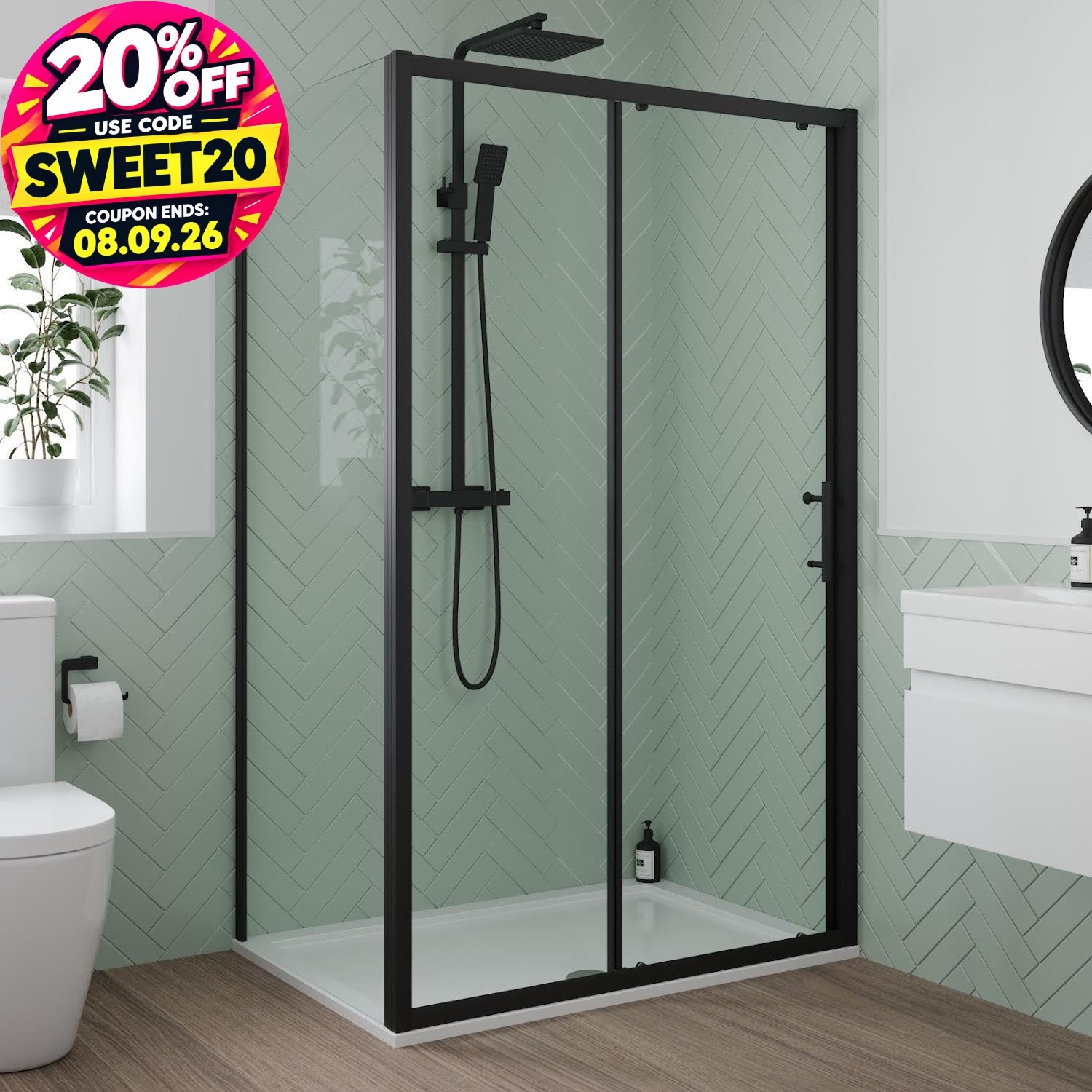 1000 x 900mm Sliding Shower Door Side Panel Enclosure 6mm Glass Black Framed
