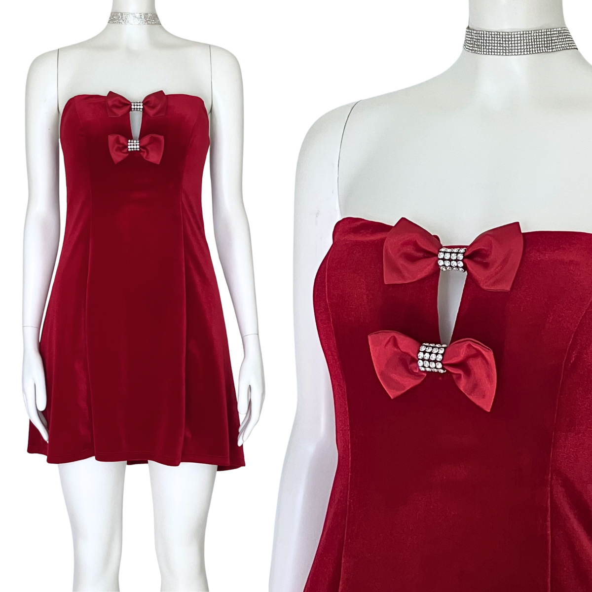 Red Velvet Strapless Mini Cocktail Party Dress Bows Rhinestone. S/M. Retro  | eBay