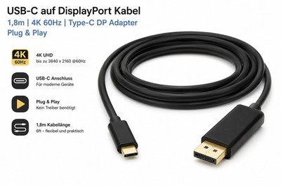 USB-C auf DisplayPort Kabel 1,8m 4K 60Hz Type-C DP Adapter Plug & Play