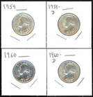 Lot of (4) Coins - 90% Silver Washington Quarters - 1959-P & D, 1960-P & D
