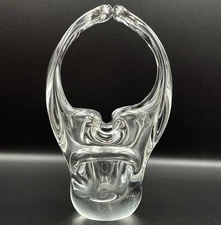 Vintage Hand Blown Art Glass Basket Clear Split Handle Basket Vase