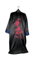 Men's Robe Kimono Reversible Embroidered Dragon Asian Black  Blue No Belt