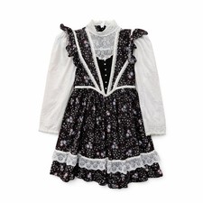 Vintage Girls Prairie Dress 1980s Black Floral Lace Victorian Style Size 6/7