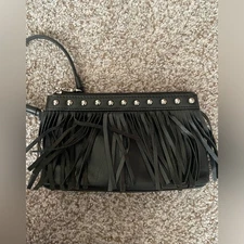 ili New York Genuine Leather Studded Fringe Wristlet Black