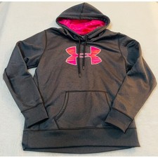 Under Armour Womens ColdGear Hoodie Gray Pink Orange Logo Pullover Large