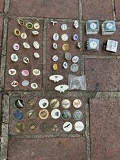 Lot of 58 golf ball markers different country clubs and courses metal/plastic