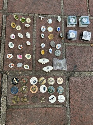 Lot of 58 golf ball markers different country clubs and courses metal/plastic