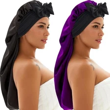 2pc Extra Large Bonnet Sleep Cap Long Satin Night Cap for Braids Curly Hair Silk